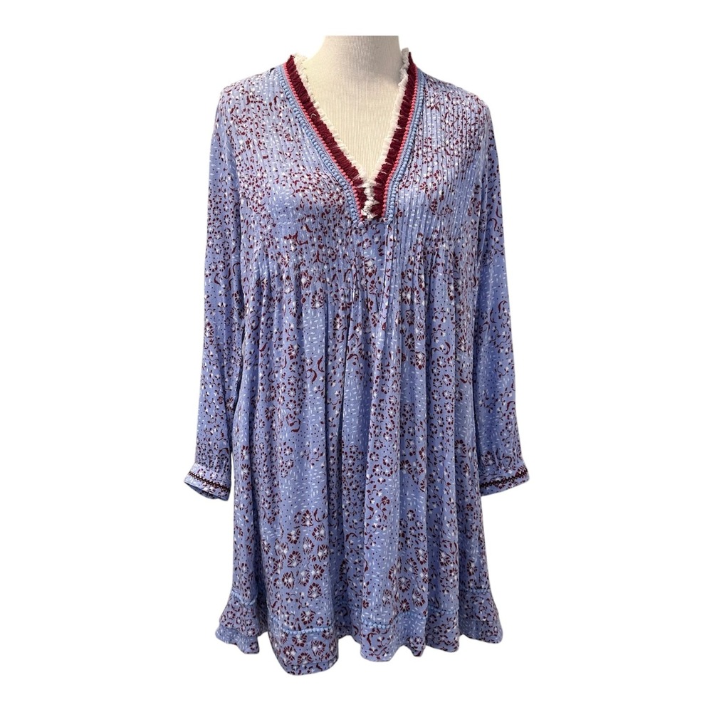 Poupette St. Barth Size-M Ola Mini Dress Long Sleeve Blue Boho $318